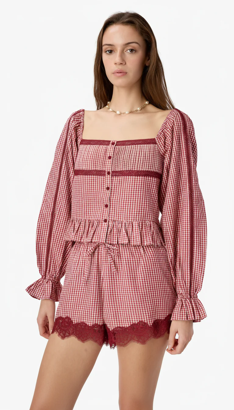 Cassandra Mid Rise Silk Cotton Short Berry Gingham - Image 2