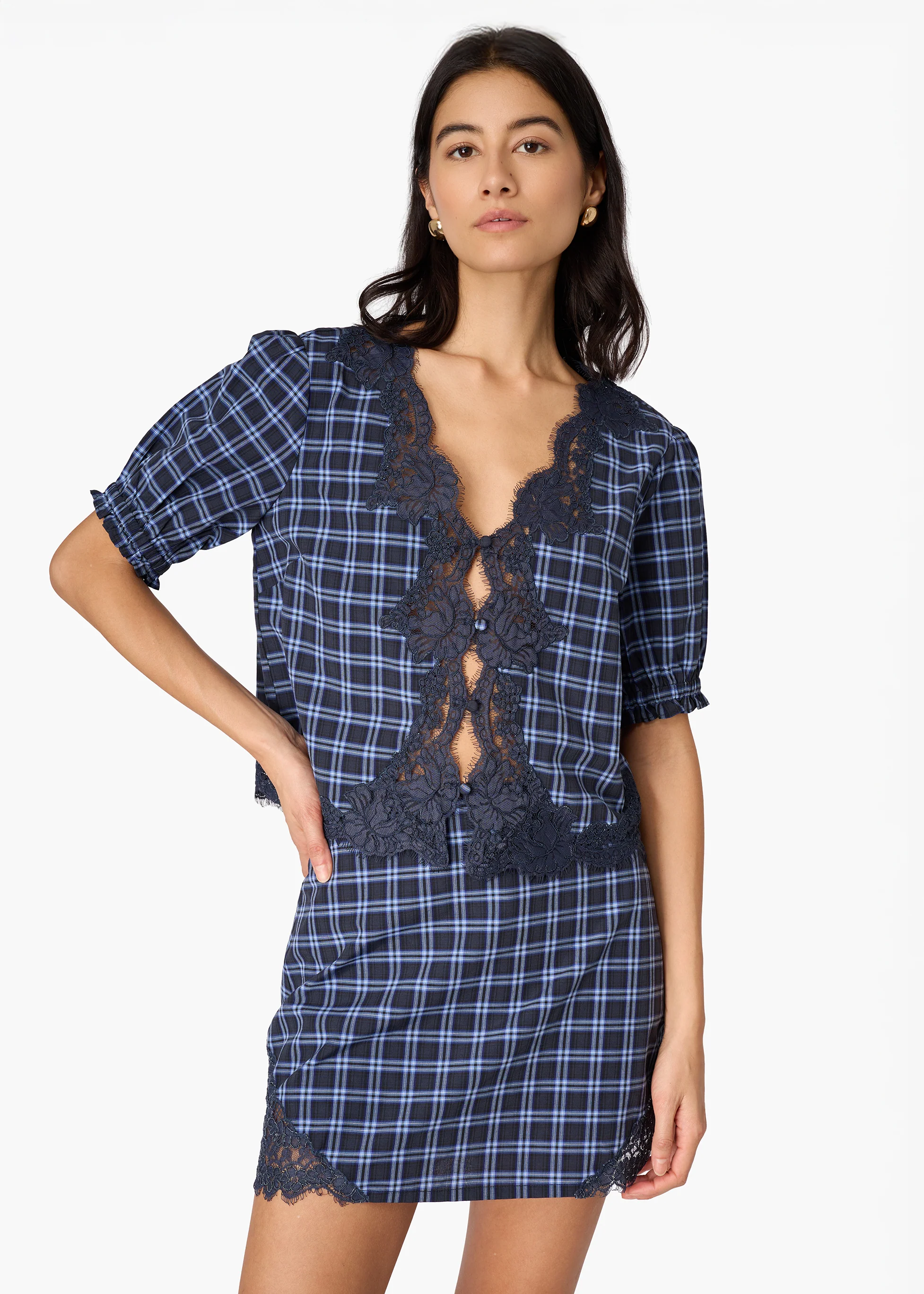 Junie Cotton Top Navy Plaid